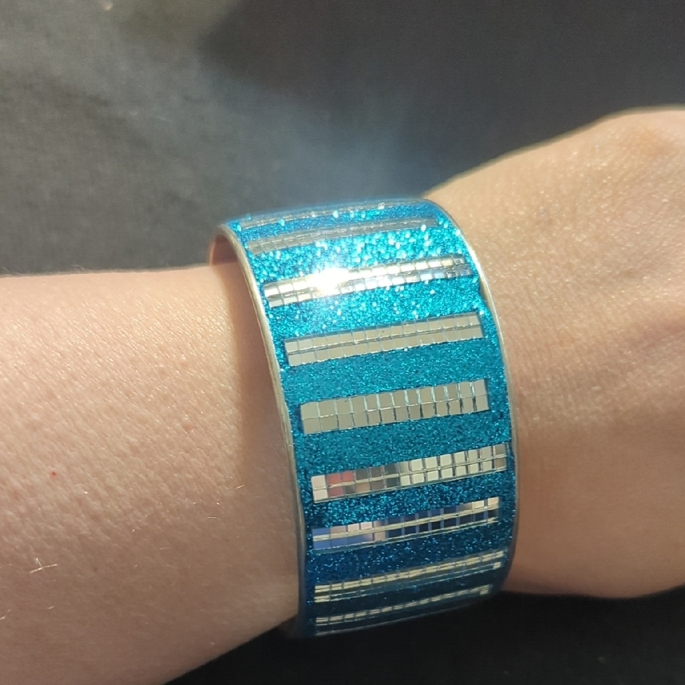 Silver Tone Blue Glitter Chunky Oversized Bangle Statement Bracelet
